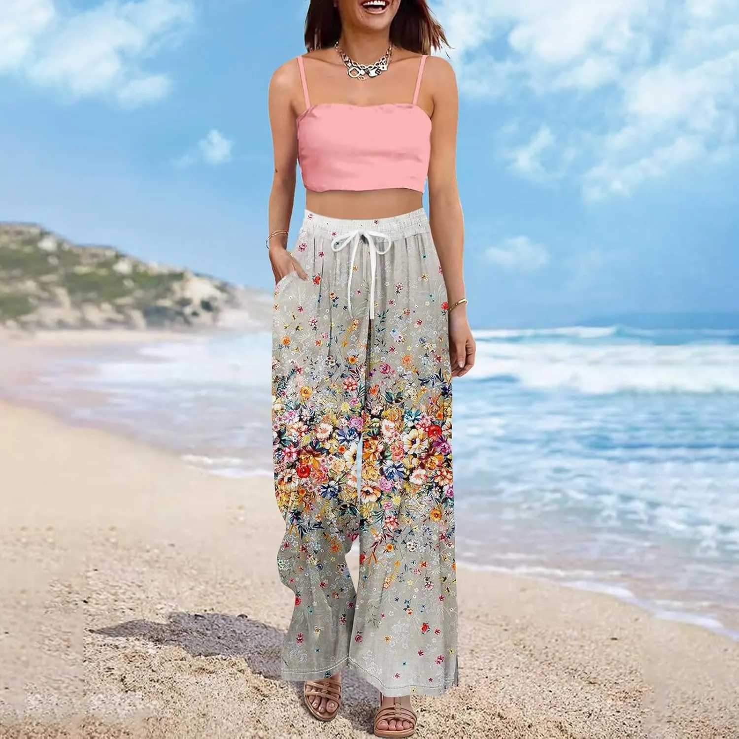 Business Casual Pants for Women Elastic Waist Dressy Baggy Trendy Casual Palazzo Relaxed Fit High Waist Trousers