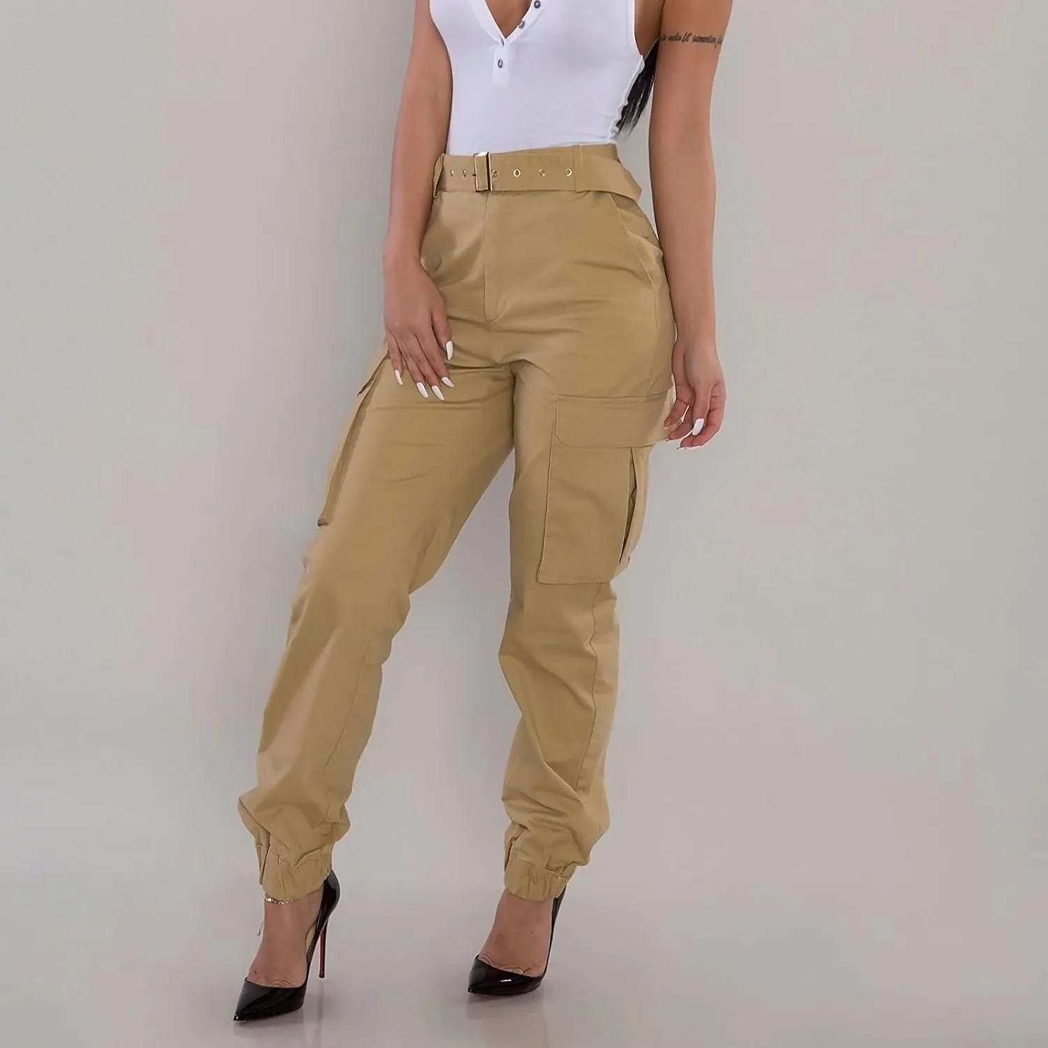 Cargo Joggers Women's Relaxed Fit Stretch Cargo Straight Pant Casual High Waist Military Outdoor Trousers Sweatpants