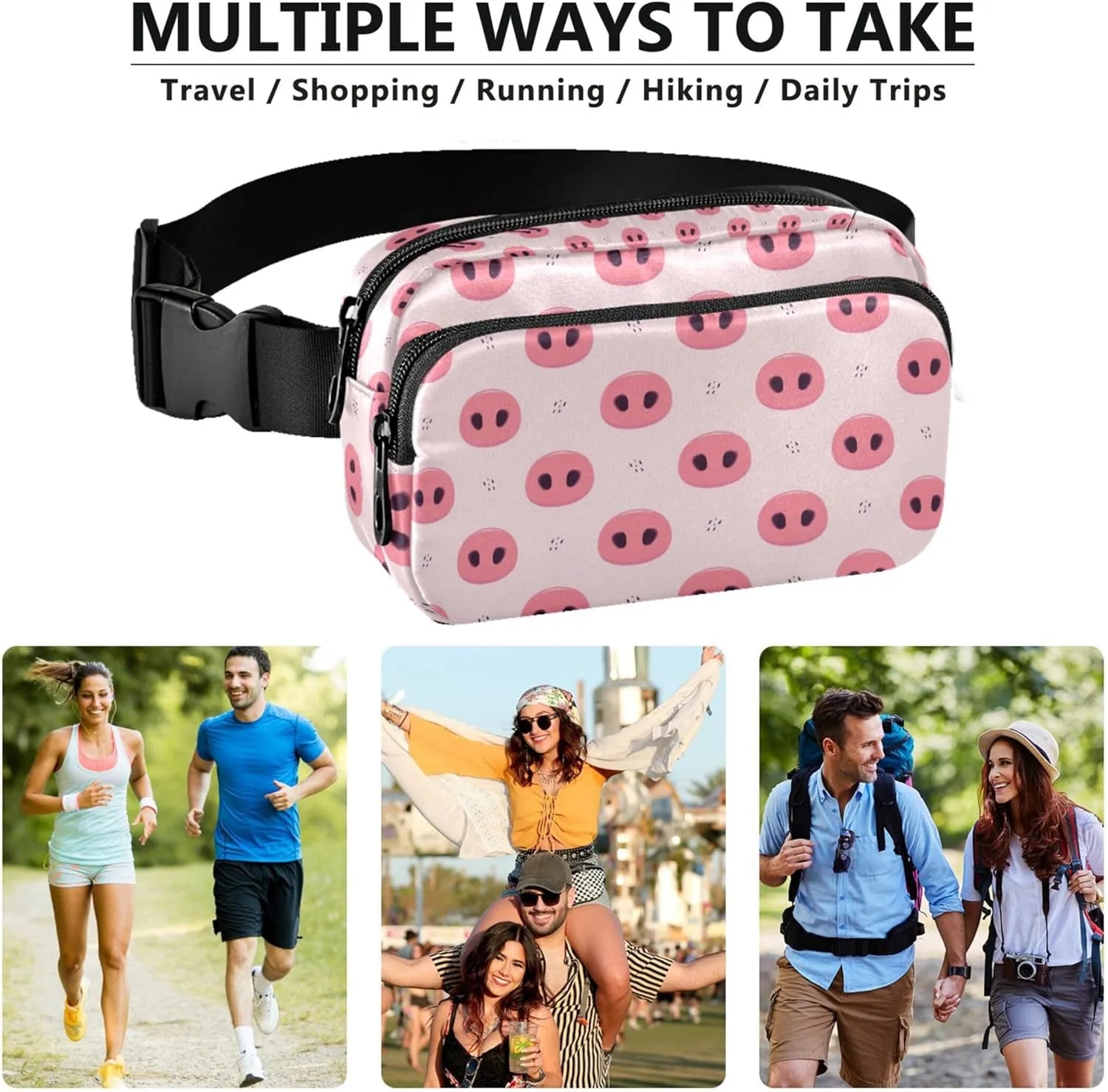 Cartoon Pig Noses Pink Fanny Packs Women Funny Belt Bags Hip Pack Waterproof Waist Bag for Women