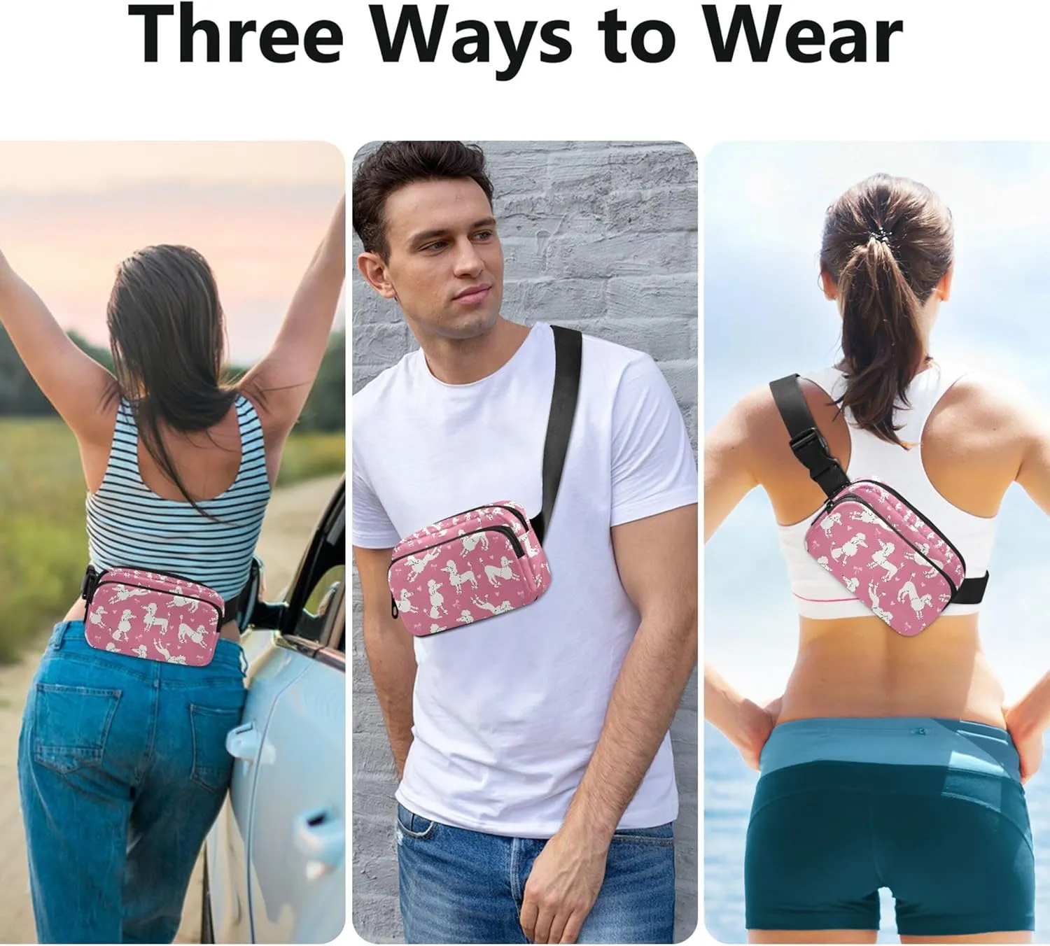 Cartoon Poodles Dog Pink Fanny Pack for Women Colorful Large Hip Belt Bag Waterproof Waist Bag for Women