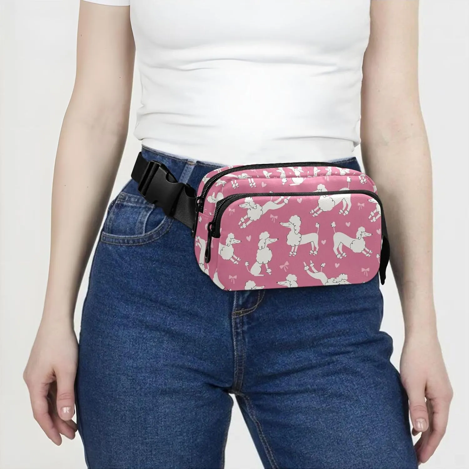 Cartoon Poodles Dog Pink Fanny Pack for Women Colorful Large Hip Belt Bag Waterproof Waist Bag for Women