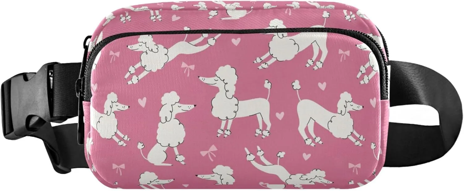 Cartoon Poodles Dog Pink Fanny Pack for Women Colorful Large Hip Belt Bag Waterproof Waist Bag for Women