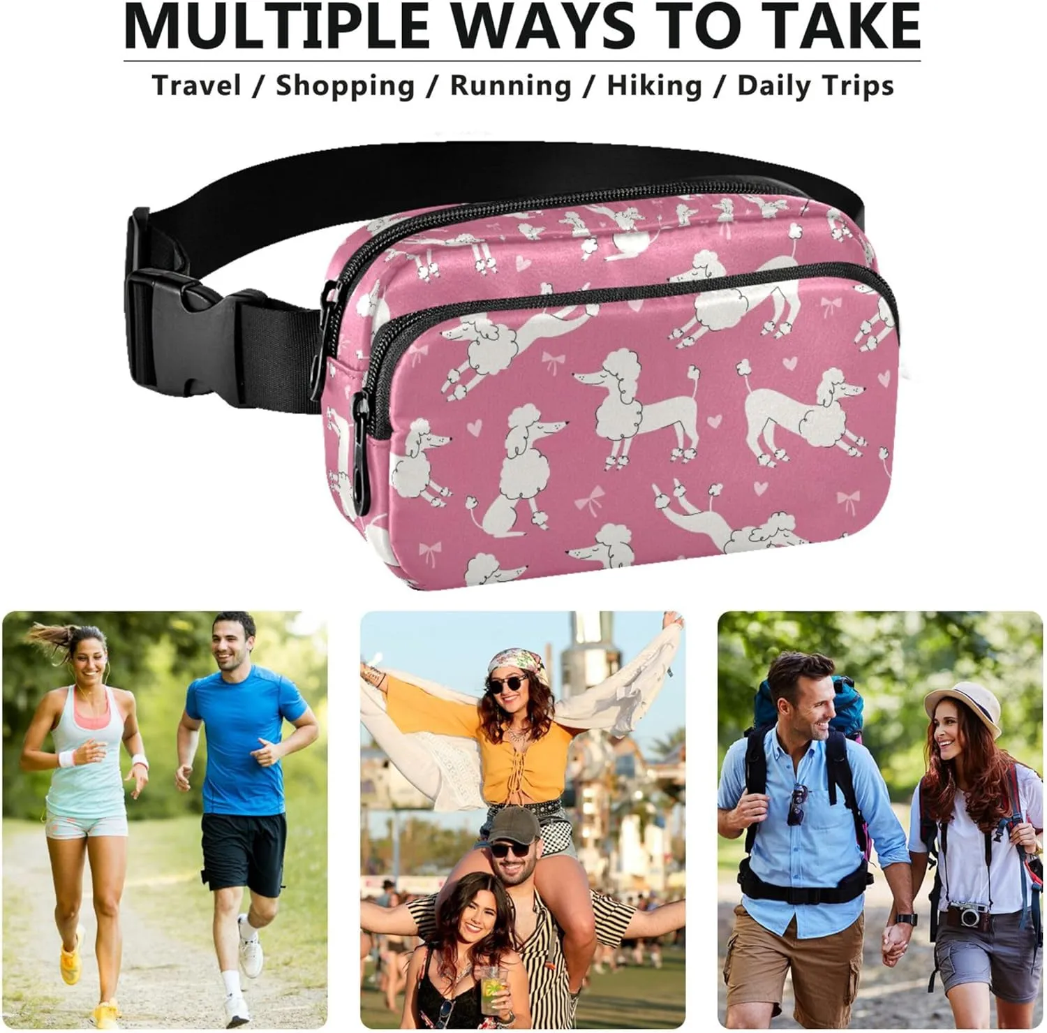 Cartoon Poodles Dog Pink Fanny Pack for Women Colorful Large Hip Belt Bag Waterproof Waist Bag for Women