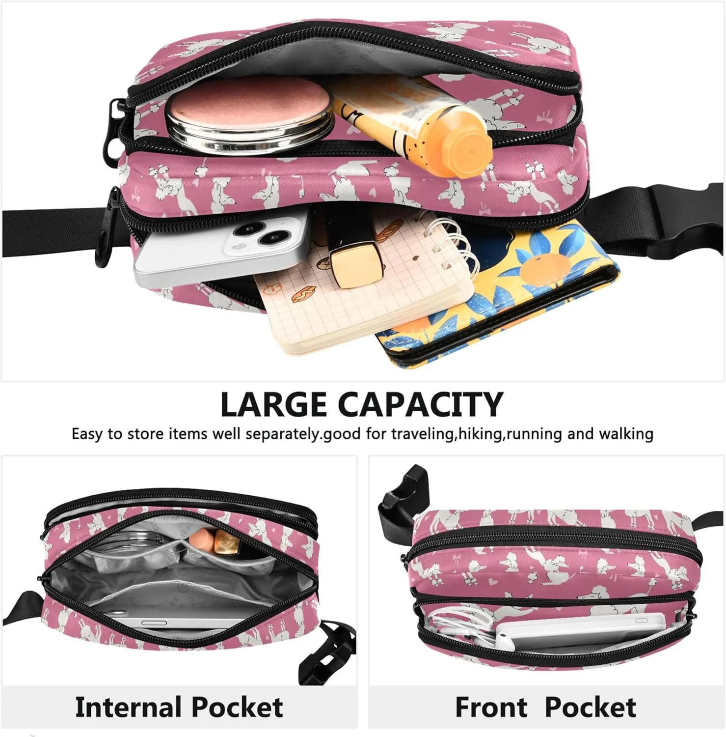 Cartoon Poodles Dog Pink Fanny Pack for Women Colorful Large Hip Belt Bag Waterproof Waist Bag for Women