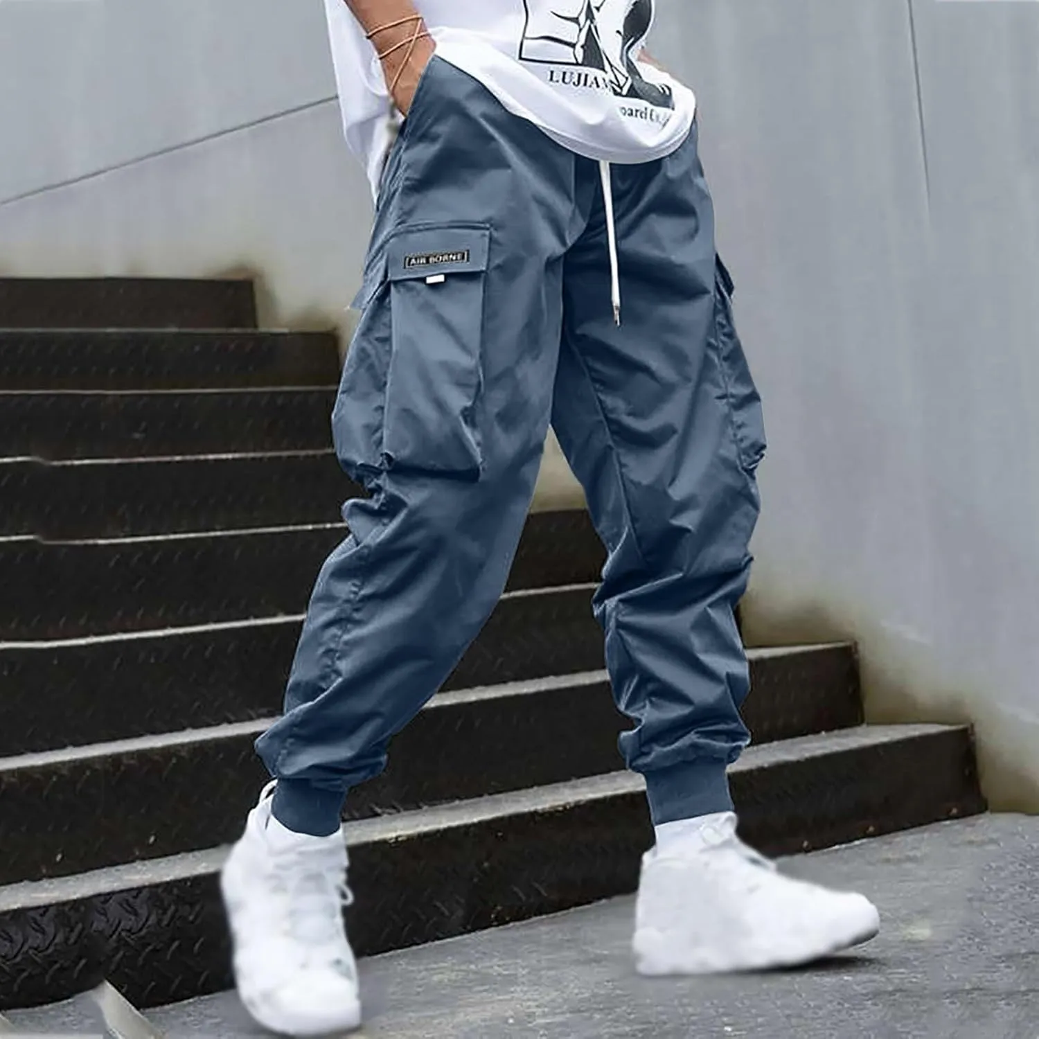 Casual Cargo Pants for Men Elastic Waist Relaxed Fit Trousers Hiking Joggers Athletic Pants with Multi Pockets