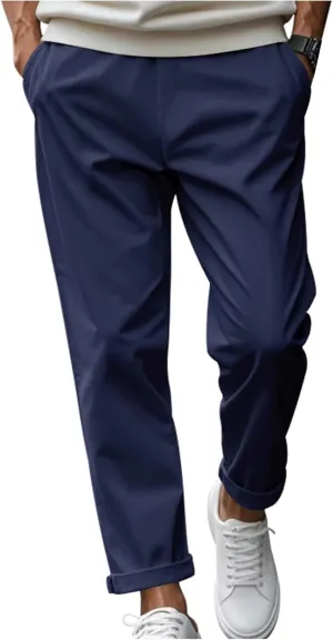 Casual Pants for Men Relaxed Fit Quick Dry Drawstring Straight Pants Baggy Work Office Business Trousers with Pockets