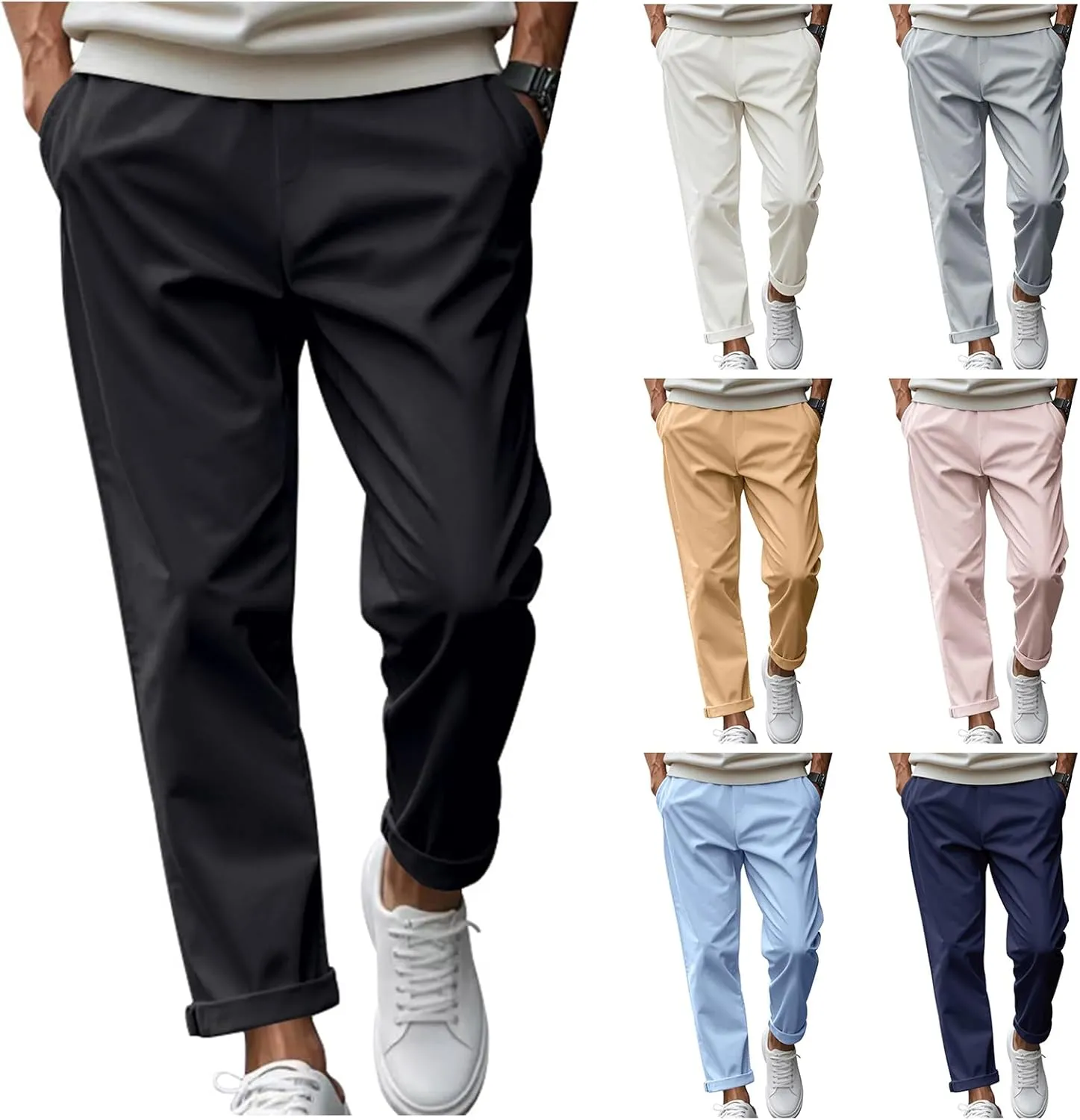 Casual Pants for Men Relaxed Fit Quick Dry Drawstring Straight Pants Baggy Work Office Business Trousers with Pockets