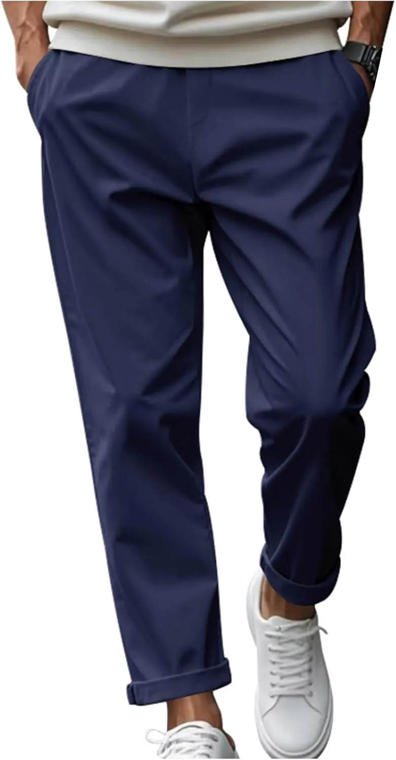 Casual Pants for Men Relaxed Fit Quick Dry Drawstring Straight Pants Baggy Work Office Business Trousers with Pockets