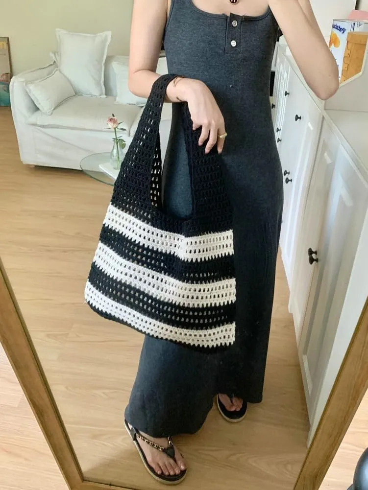 Casual Stripe Tote Bags for Women Summer Mesh Hobo Bags for Women Carryall Beach Bag Gym Bag Travel Bag