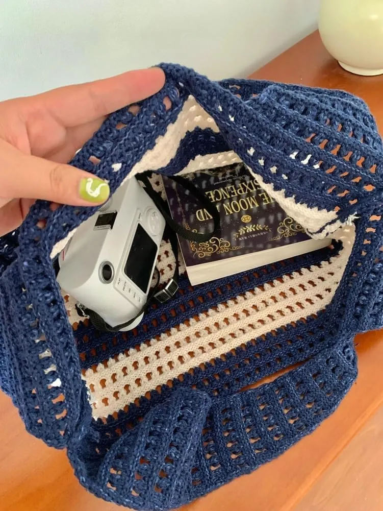 Casual Stripe Tote Bags for Women Summer Mesh Hobo Bags for Women Carryall Beach Bag Gym Bag Travel Bag