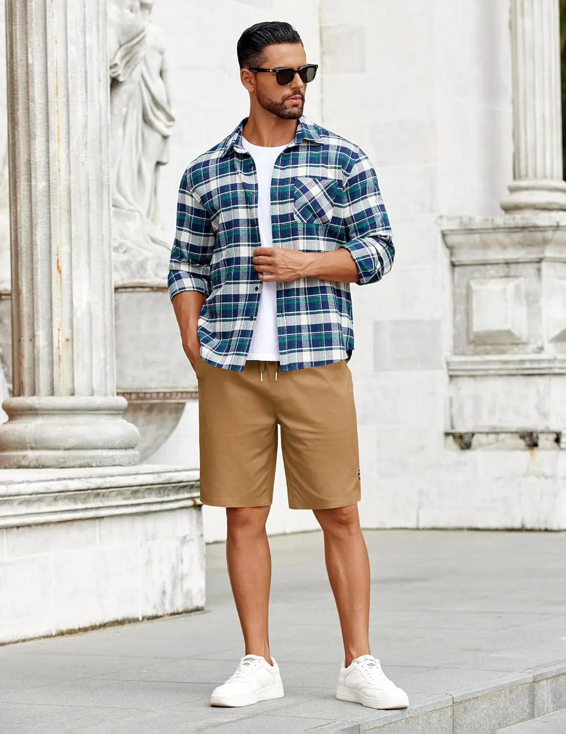 COOFANDY Mens Casual Shorts Cotton Elastic Drawstring Shorts Summer Beach Chino Shorts