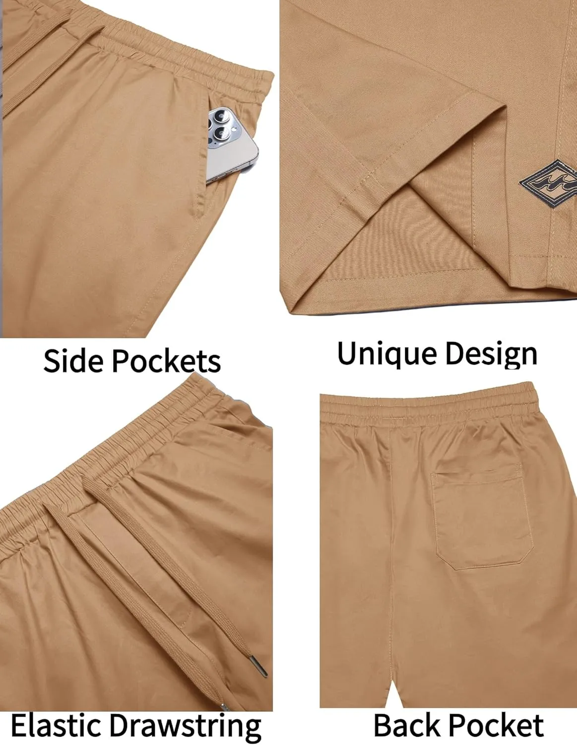 COOFANDY Mens Casual Shorts Cotton Elastic Drawstring Shorts Summer Beach Chino Shorts