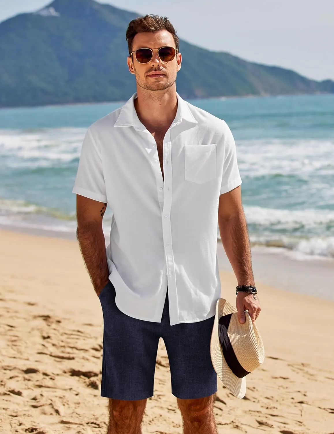 COOFANDY Mens Casual Shorts Elastic Waist Drawstring Shorts Summer Beach Linen Shorts