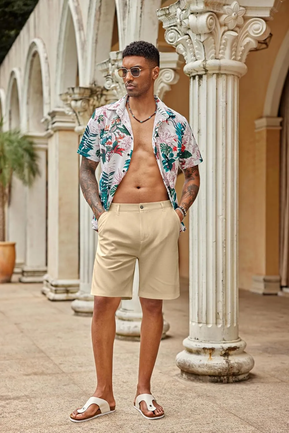 COOFANDY Men's Casual Shorts Linen Flat Front Shorts Elastic Waist Summer Beach Shorts