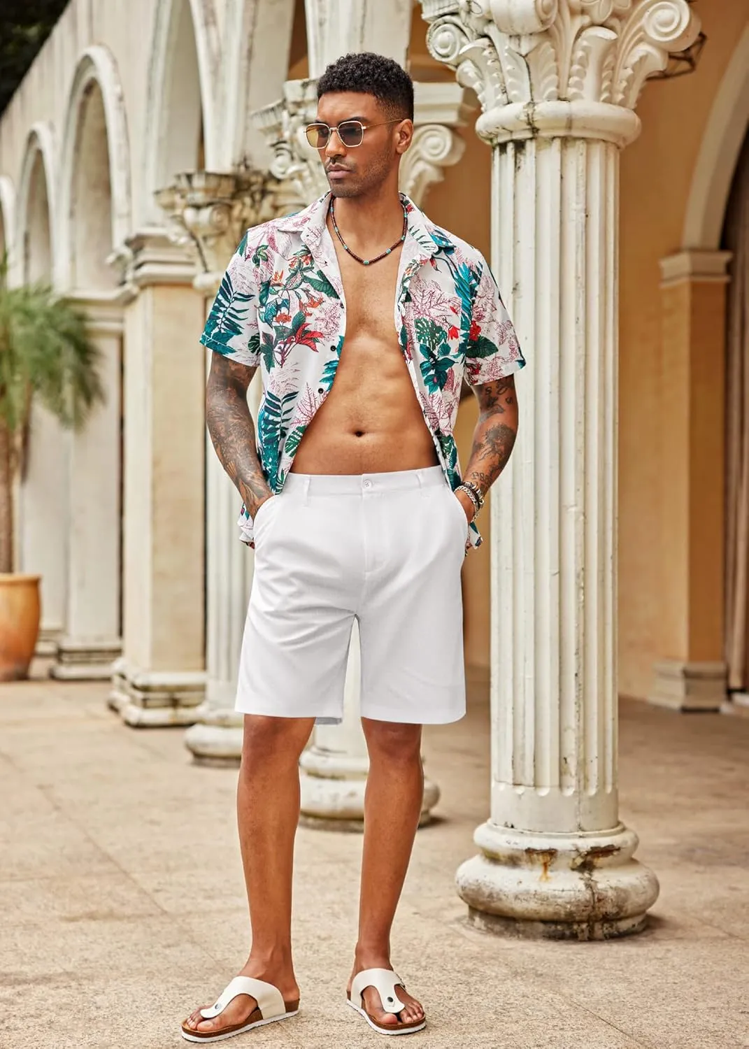 COOFANDY Men's Casual Shorts Linen Flat Front Shorts Elastic Waist Summer Beach Shorts