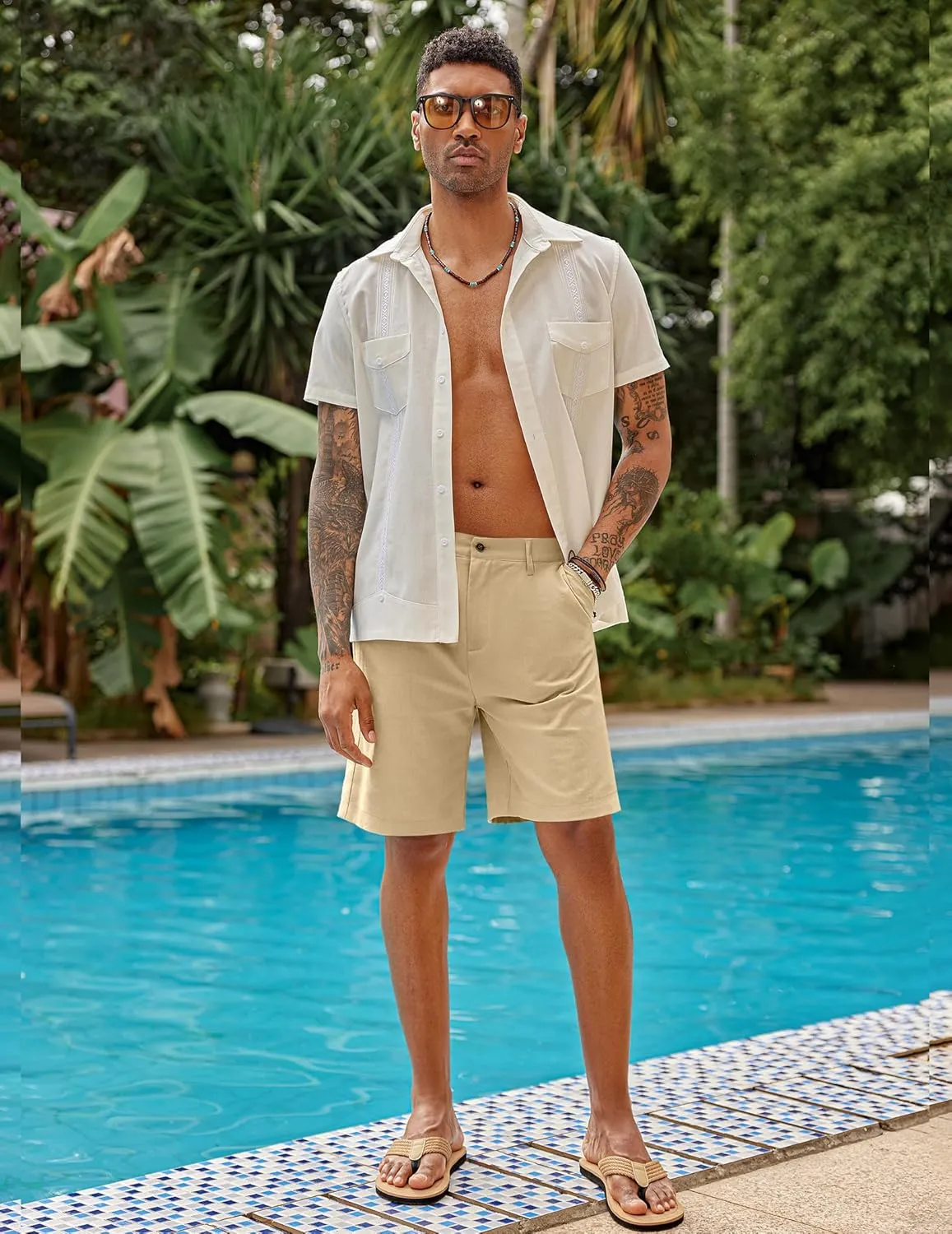 COOFANDY Men's Casual Shorts Linen Flat Front Shorts Elastic Waist Summer Beach Shorts