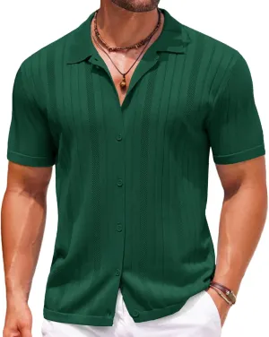 COOFANDY Mens Knit Button Down Shirts Crochet Polo Shirts Vintage Short Sleeve Textured Shirts Summer Beach Tops