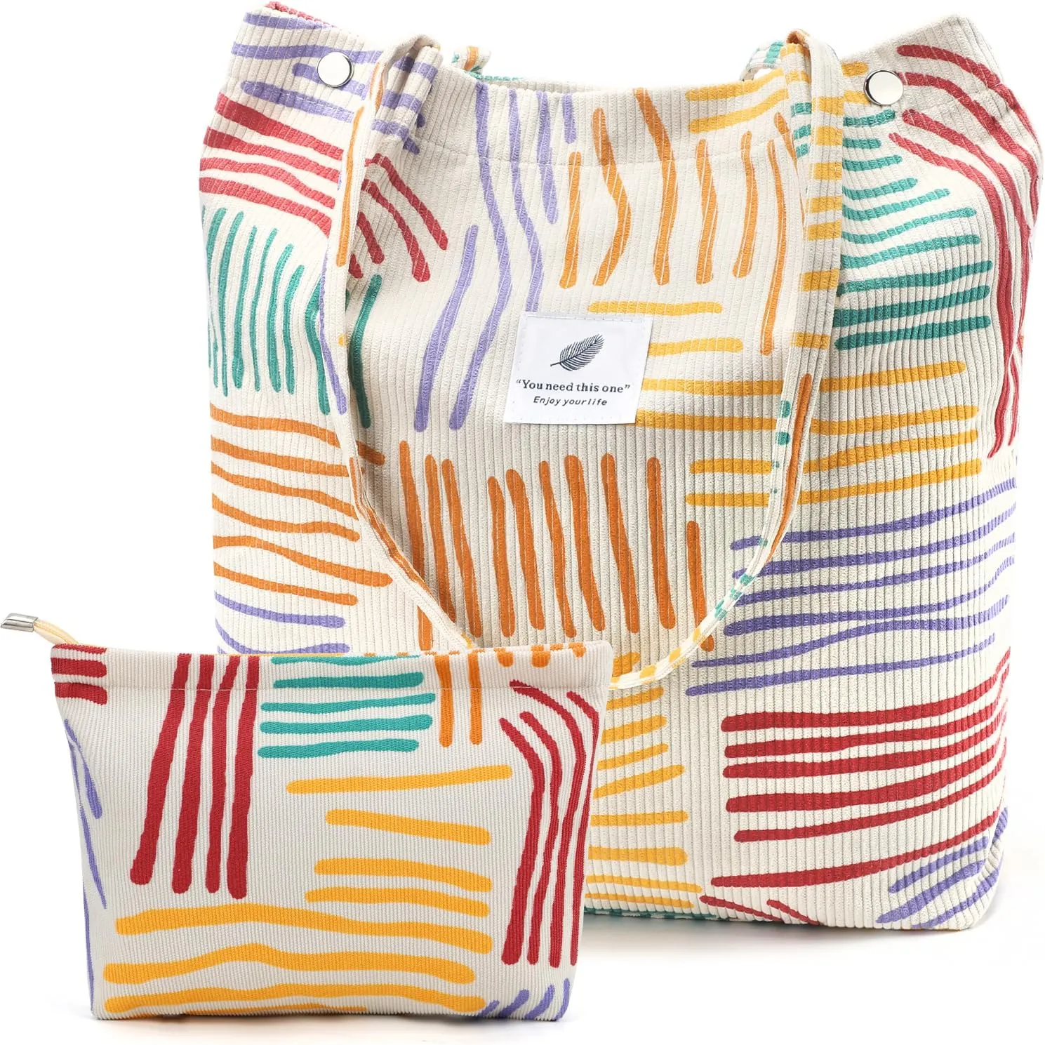 Corduroy Tote Bags, Travel Shoulder Beach Bag with Makeup Bag for Women Work Lunch Grocery Shopping Shopper Handbags