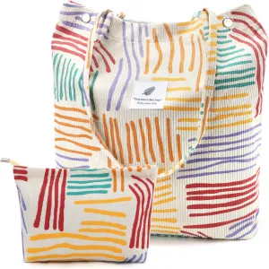 Corduroy Tote Bags, Travel Shoulder Beach Bag with Makeup Bag for Women Work Lunch Grocery Shopping Shopper Handbags