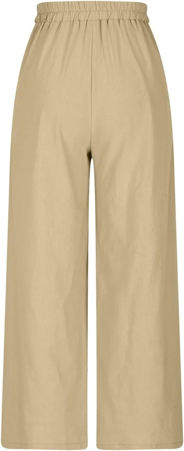 Cotton Line Drawstring Waist Linen Pants for Women High Waist Relaxed Fit Casual Trousers with Pockets