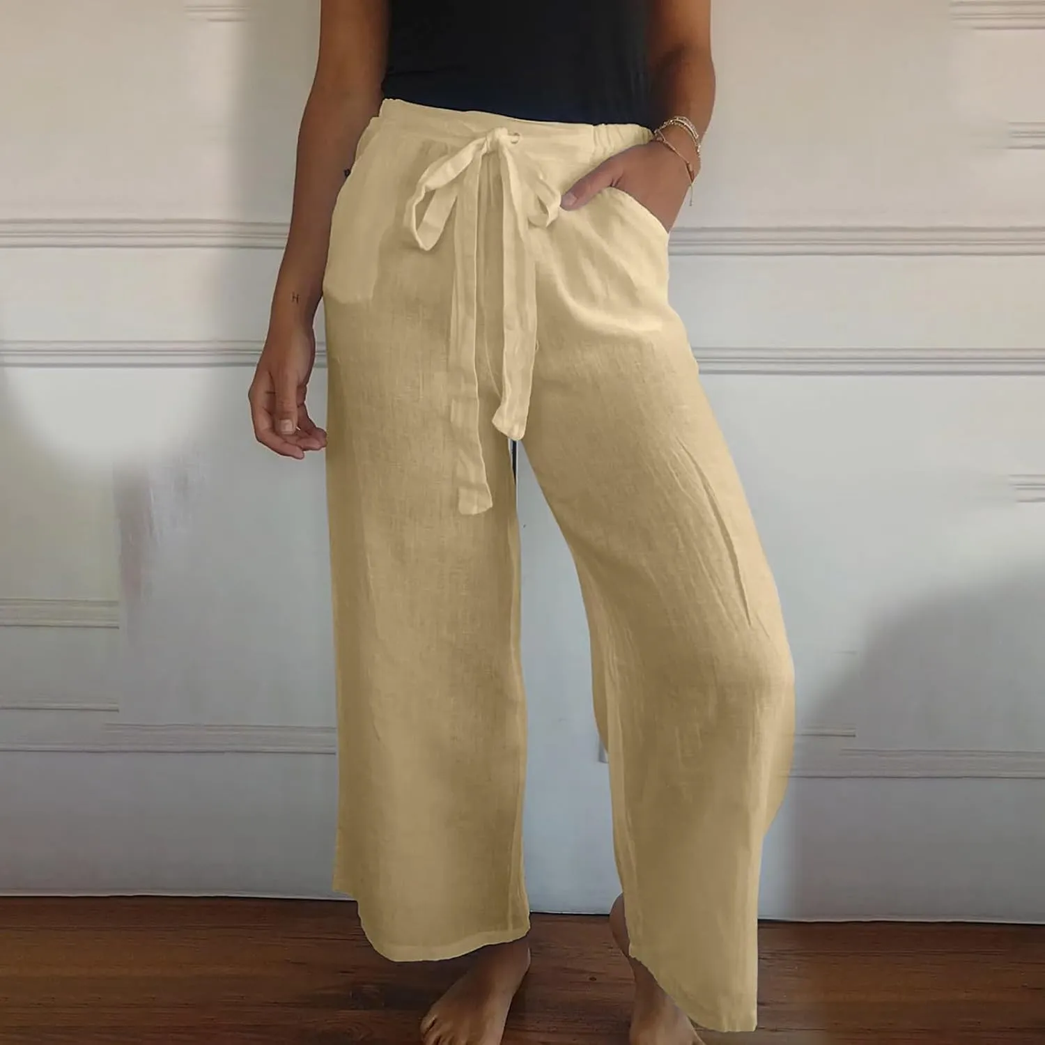 Cotton Line Drawstring Waist Linen Pants for Women High Waist Relaxed Fit Casual Trousers with Pockets