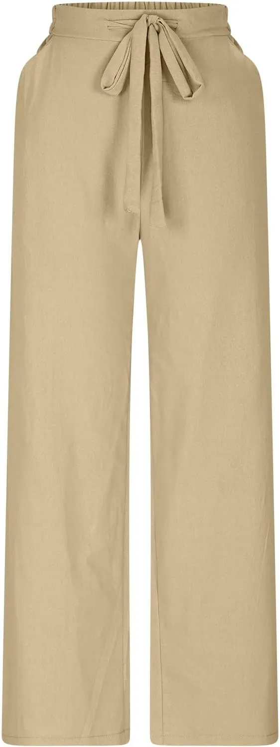 Cotton Line Drawstring Waist Linen Pants for Women High Waist Relaxed Fit Casual Trousers with Pockets