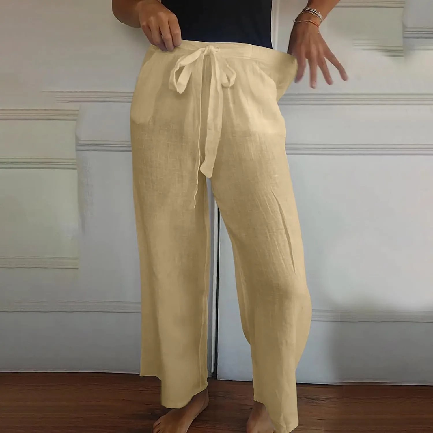 Cotton Line Drawstring Waist Linen Pants for Women High Waist Relaxed Fit Casual Trousers with Pockets