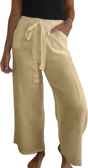 Cotton Line Drawstring Waist Linen Pants for Women High Waist Relaxed Fit Casual Trousers with Pockets