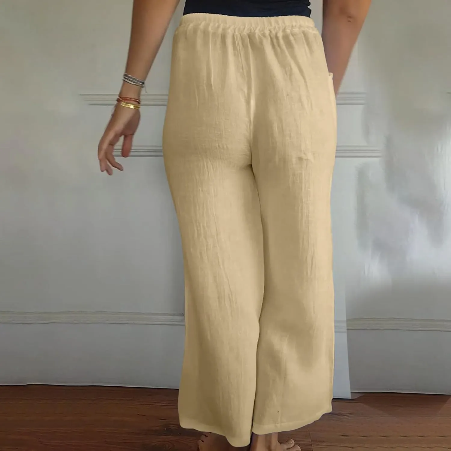 Cotton Line Drawstring Waist Linen Pants for Women High Waist Relaxed Fit Casual Trousers with Pockets