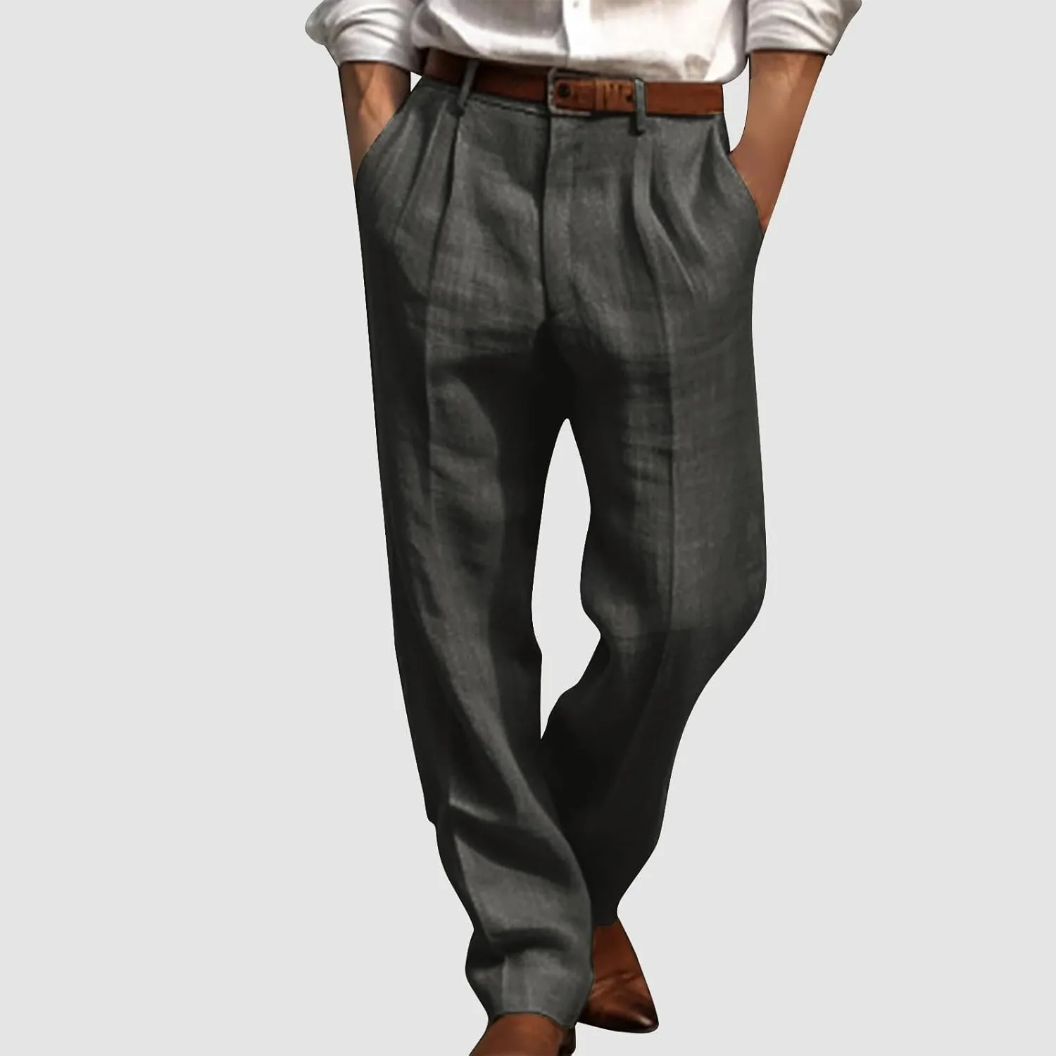 Cotton Linen Pants Men Straight Leg Pleated Work Dress Pants Relaxed Fit Casual Leisure Chino Trousers