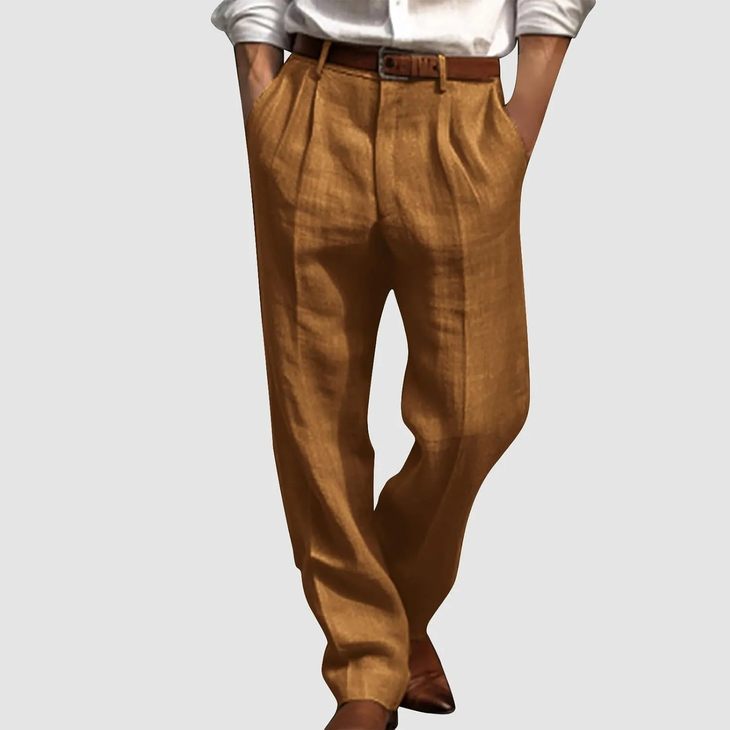 Cotton Linen Pants Men Straight Leg Pleated Work Dress Pants Relaxed Fit Casual Leisure Chino Trousers