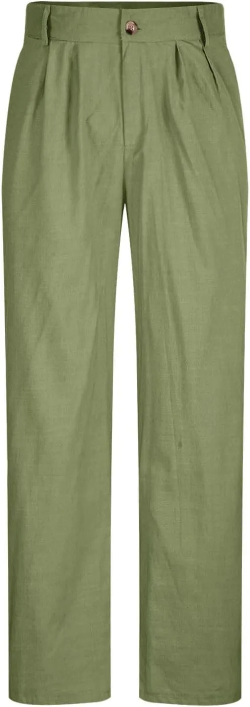 Cotton Linen Pants Men Straight Leg Pleated Work Dress Pants Relaxed Fit Casual Leisure Chino Trousers