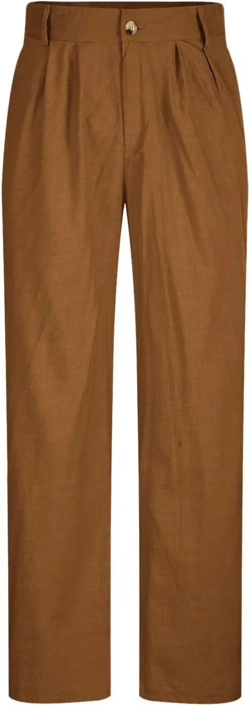 Cotton Linen Pants Men Straight Leg Pleated Work Dress Pants Relaxed Fit Casual Leisure Chino Trousers