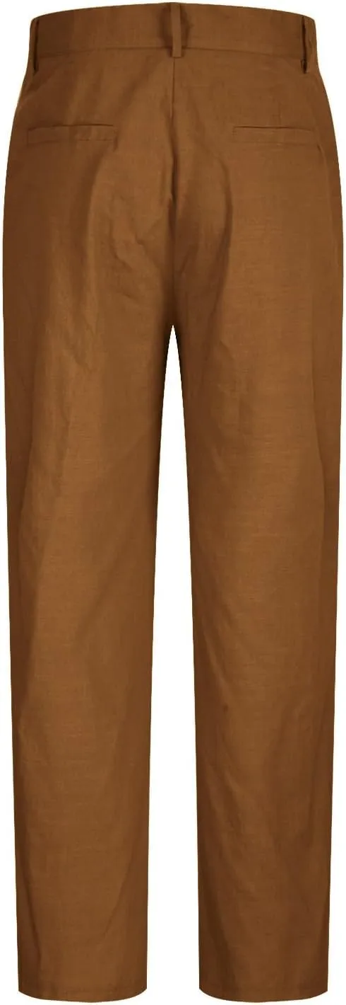Cotton Linen Pants Men Straight Leg Pleated Work Dress Pants Relaxed Fit Casual Leisure Chino Trousers