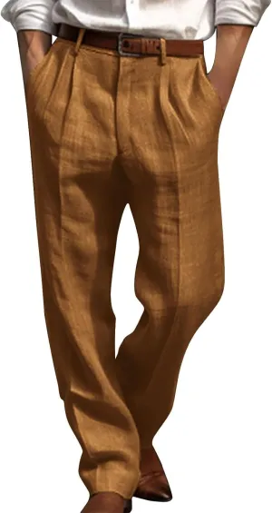 Cotton Linen Pants Men Straight Leg Pleated Work Dress Pants Relaxed Fit Casual Leisure Chino Trousers