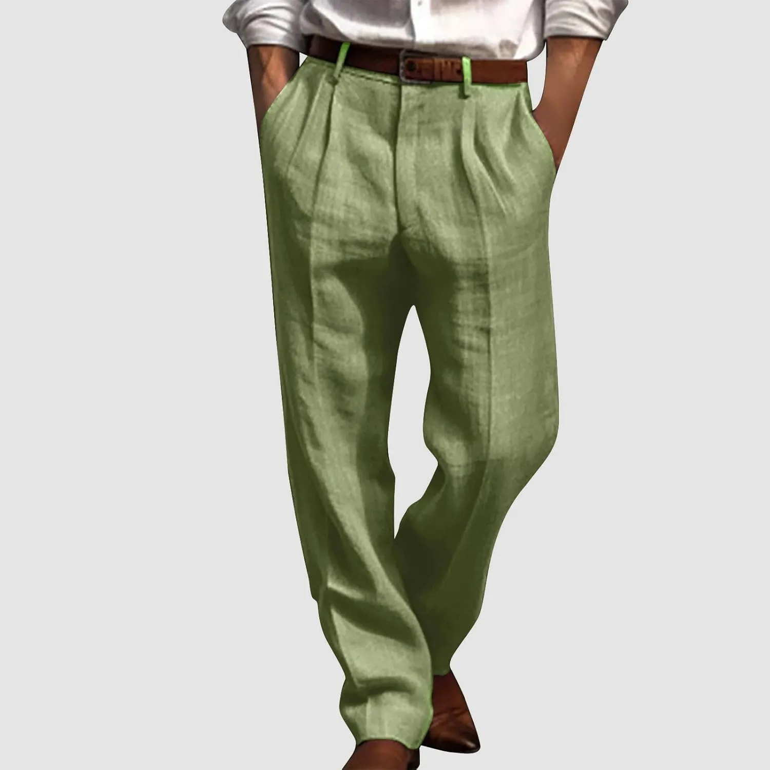 Cotton Linen Pants Men Straight Leg Pleated Work Dress Pants Relaxed Fit Casual Leisure Chino Trousers