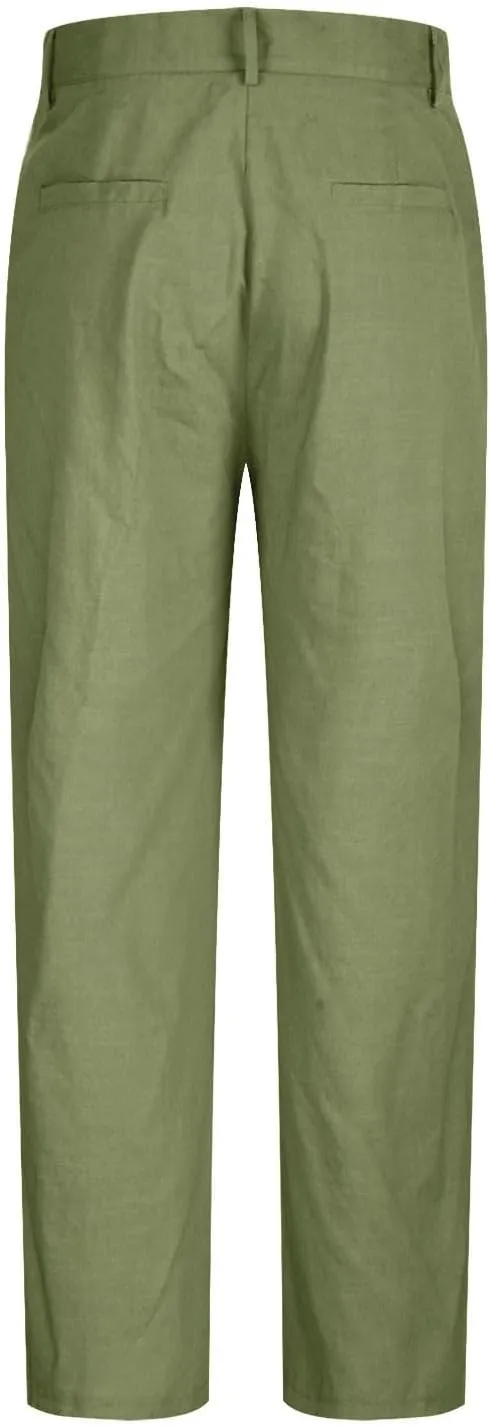Cotton Linen Pants Men Straight Leg Pleated Work Dress Pants Relaxed Fit Casual Leisure Chino Trousers