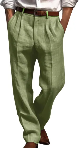 Cotton Linen Pants Men Straight Leg Pleated Work Dress Pants Relaxed Fit Casual Leisure Chino Trousers
