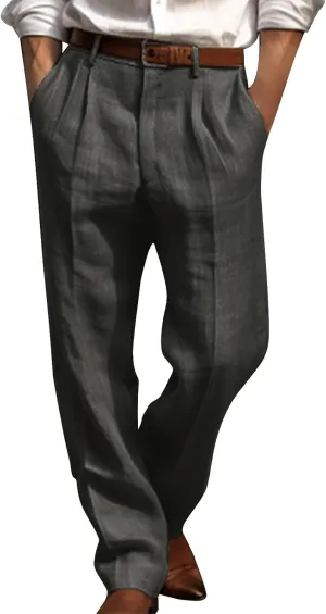 Cotton Linen Pants Men Straight Leg Pleated Work Dress Pants Relaxed Fit Casual Leisure Chino Trousers