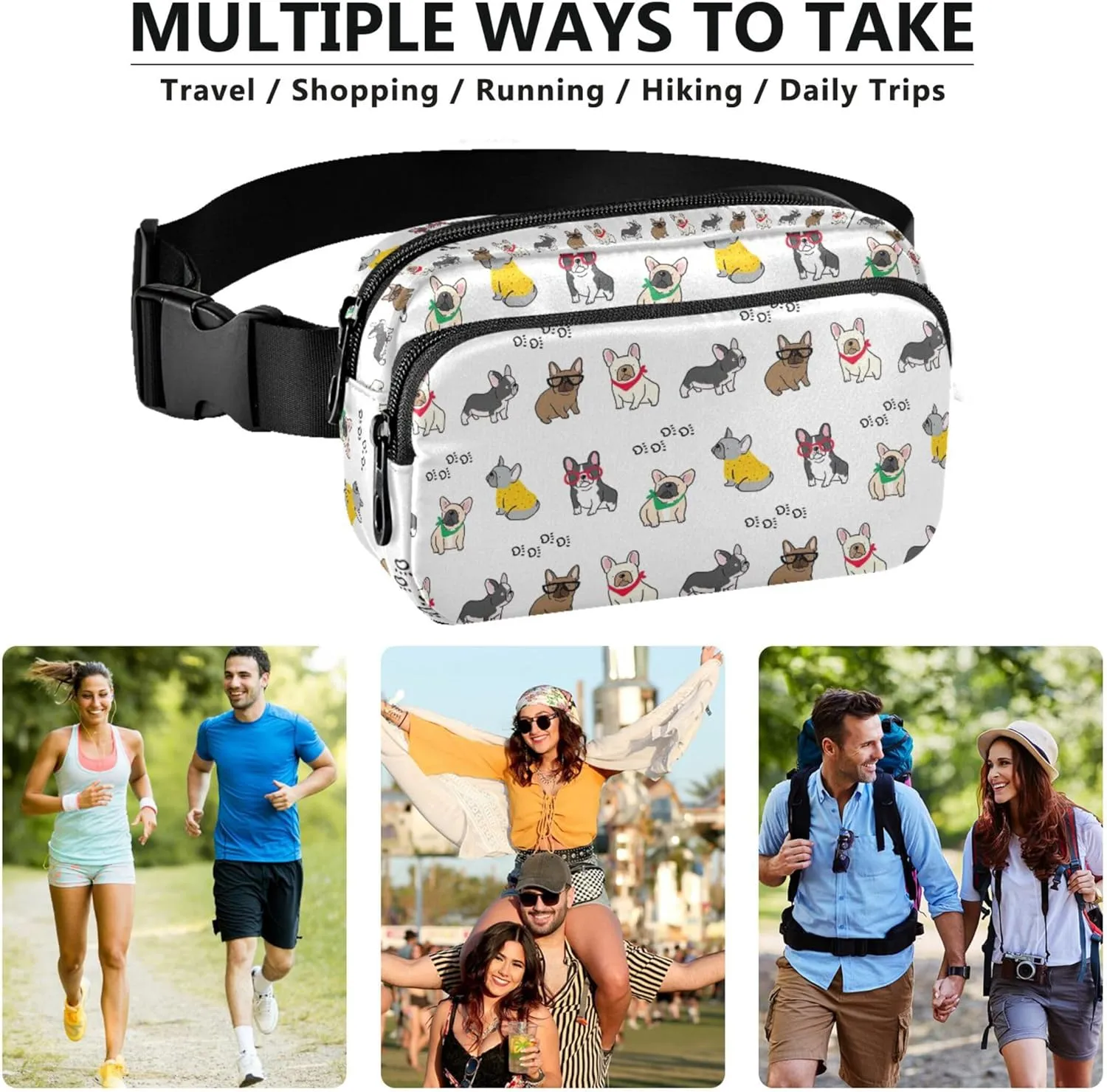 Cute French Bulldog Cartoon Fanny Pack for Women Belt Bag Hip Pouch Waterproof Festival Travel Waist Pouch