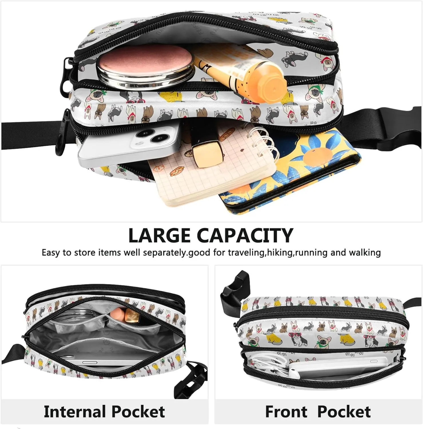Cute French Bulldog Cartoon Fanny Pack for Women Belt Bag Hip Pouch Waterproof Festival Travel Waist Pouch