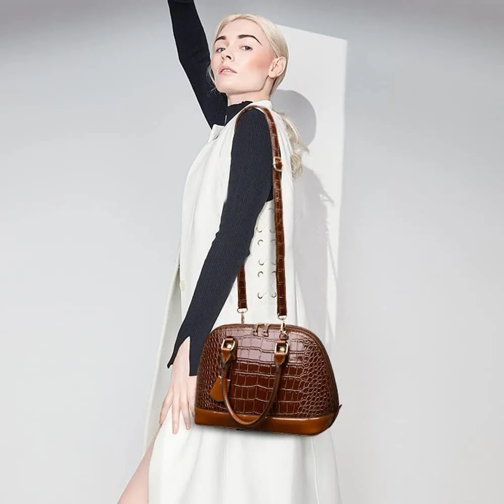 Downupdown Classic Dome Satchel Bag for Women Top Handle Handbags Crocodile Pattern Faux Leather Purse Crossbody Shoulder Bag