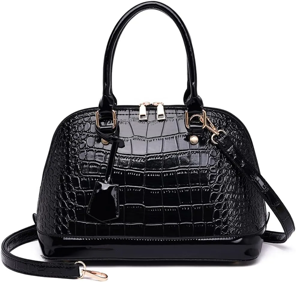 Downupdown Classic Dome Satchel Bag for Women Top Handle Handbags Crocodile Pattern Faux Leather Purse Crossbody Shoulder Bag