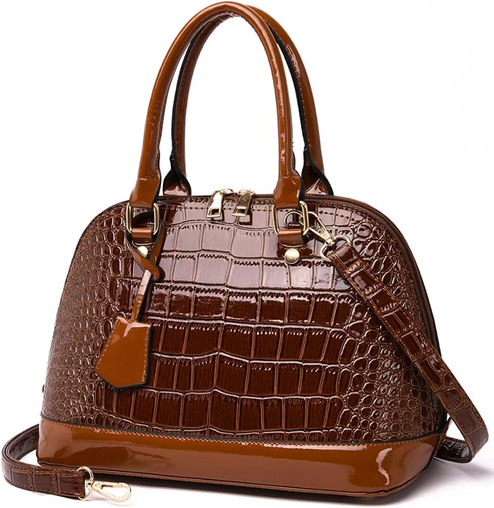 Downupdown Classic Dome Satchel Bag for Women Top Handle Handbags Crocodile Pattern Faux Leather Purse Crossbody Shoulder Bag