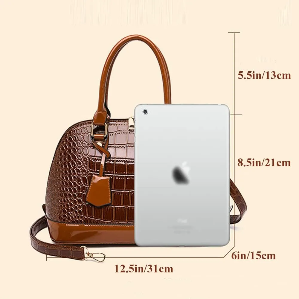 Downupdown Classic Dome Satchel Bag for Women Top Handle Handbags Crocodile Pattern Faux Leather Purse Crossbody Shoulder Bag