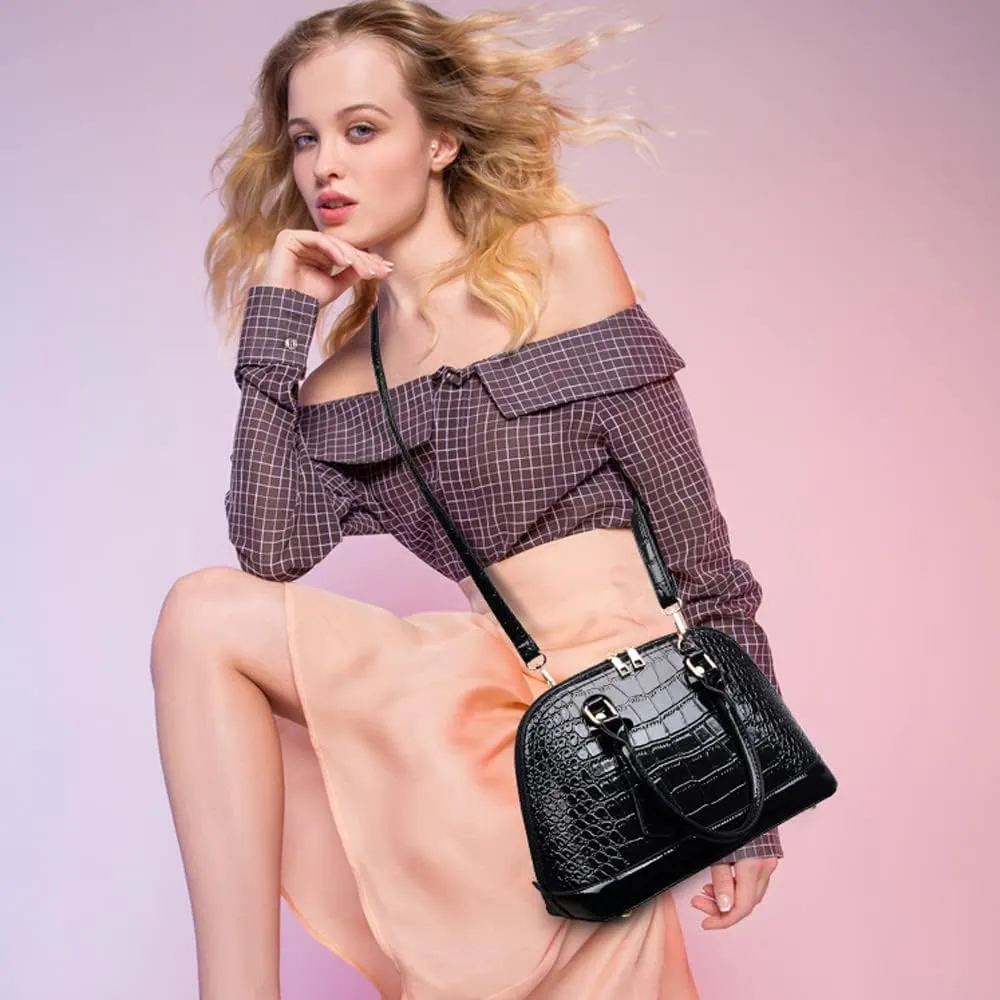 Downupdown Classic Dome Satchel Bag for Women Top Handle Handbags Crocodile Pattern Faux Leather Purse Crossbody Shoulder Bag
