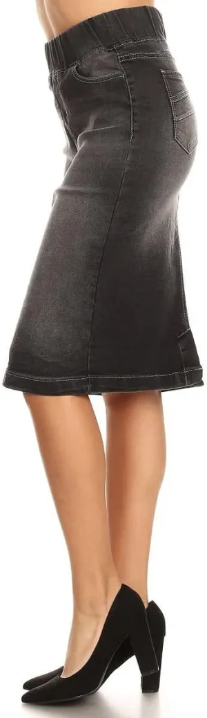 Fashion2Love Women's Juniors/Plus High Waisted Pull-On Stretch Denim Mid Length Skirt (77104)