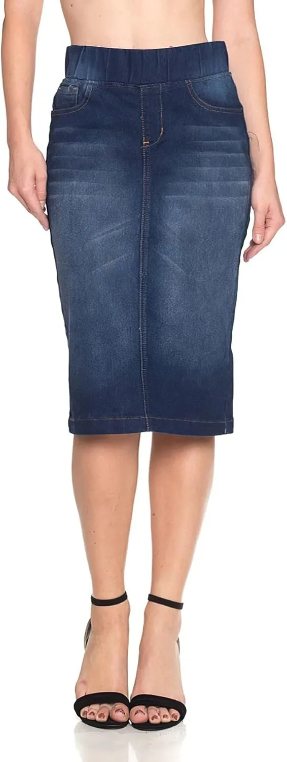 Fashion2Love Women's Juniors/Plus High Waisted Pull-On Stretch Denim Mid Length Skirt (77104)