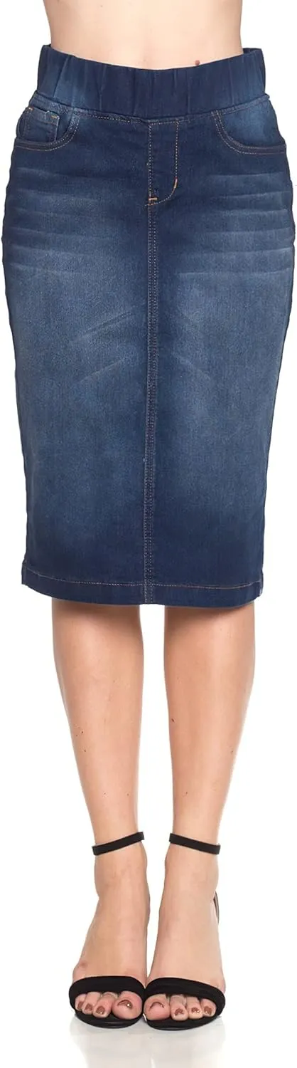 Fashion2Love Women's Juniors/Plus High Waisted Pull-On Stretch Denim Mid Length Skirt (77104)