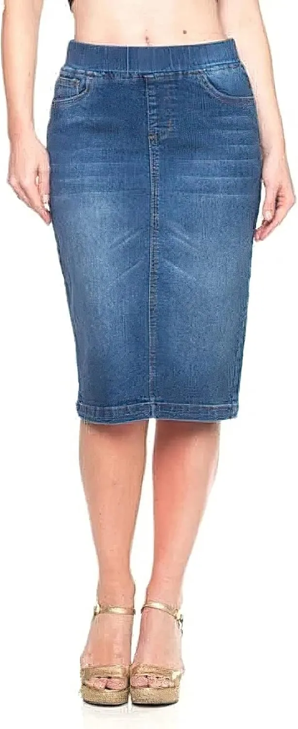 Fashion2Love Women's Juniors/Plus High Waisted Pull-On Stretch Denim Mid Length Skirt (77104)